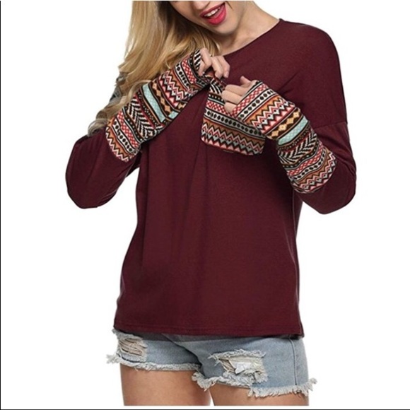 Geo Print Cuff Pocket Top Burgundy - Picture 3 of 8